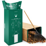 Bag Boss heavy-duty lawn and leaf bag funnel showing upright paper bag setup with rake and leaves for easy outdoor clean-up.